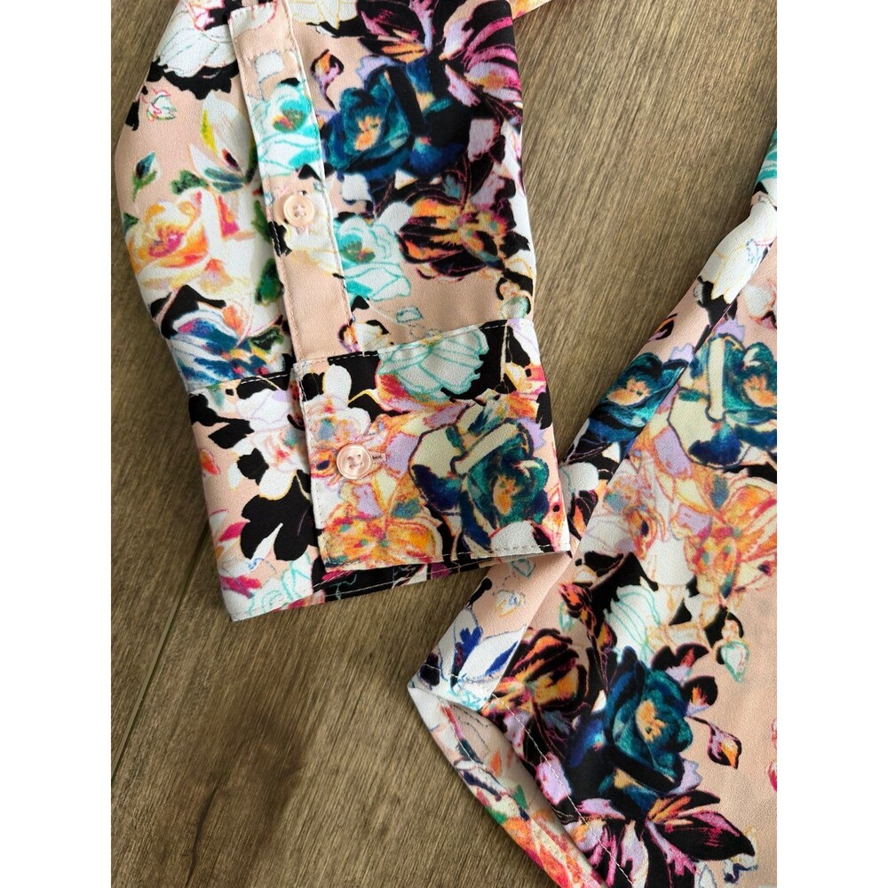EXPRESS Floral Button Down Shirt Pastel Pink Roll-Tab Long Sleeve Blouse XS - Picture 4 of 9